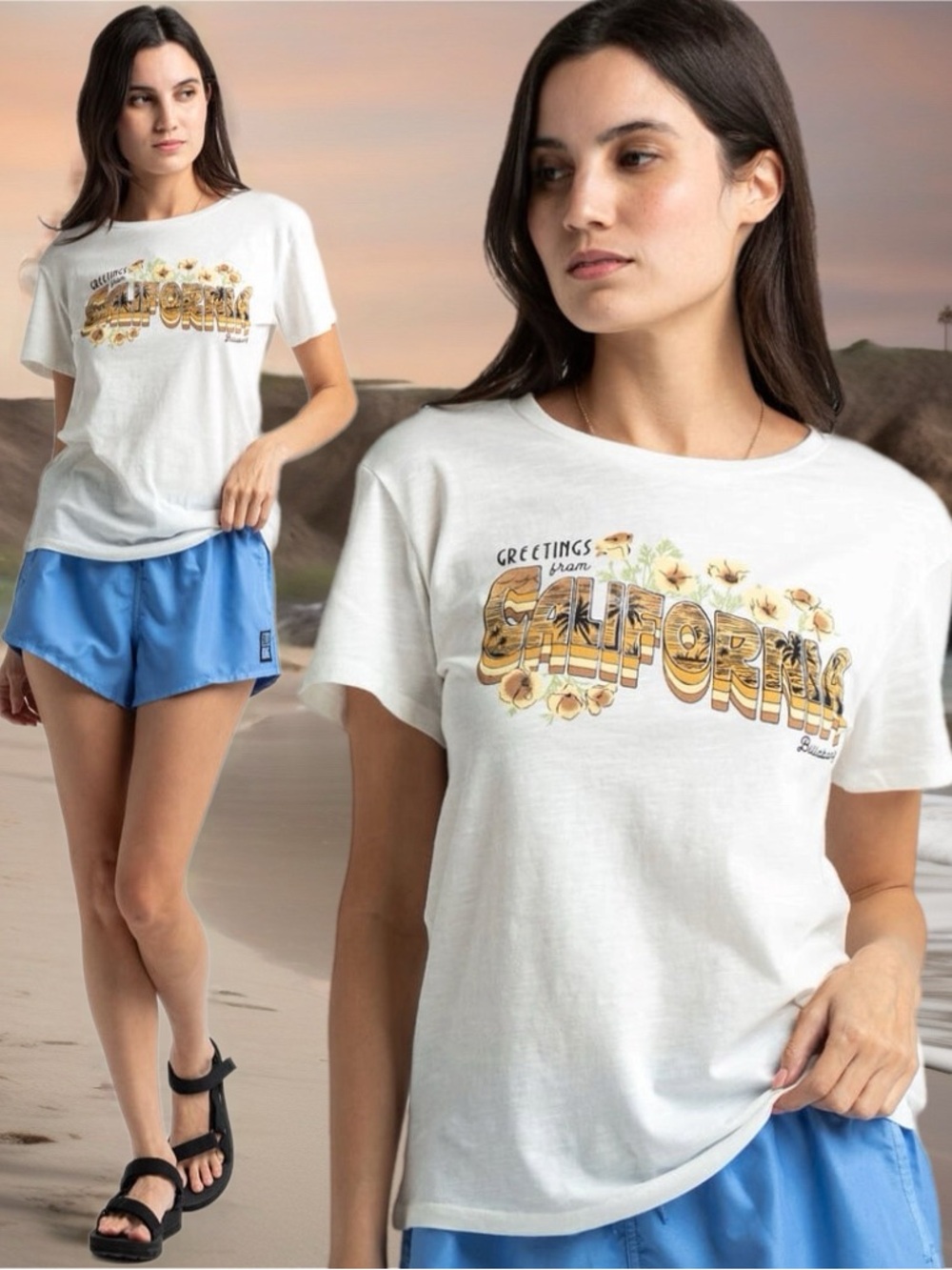 Billabong Made In Cali Greetings From California Postcard Graphic Tee White New